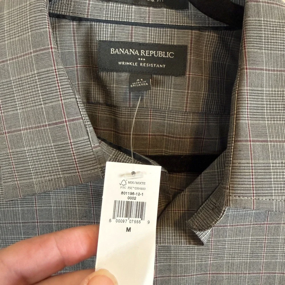 New Banana Republic Mens Extra Slim Fit Wrinkle Resistant Plaid‎ Shirt Grey Med